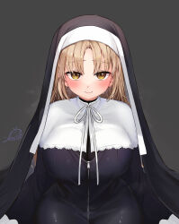 Rule 34 | 1girl, black bodysuit, blush, bodystocking, bodysuit, breasts, brown eyes, capelet, festa11307070, grey background, habit, highres, large breasts, light brown hair, long hair, looking at viewer, nijisanji, nun, ribbon, signature, simple background, sister claire, sister claire (1st costume), sitting, solo, steam, steaming body, sweat, virtual youtuber, zipper, zipper pull tab