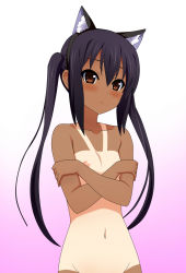Rule 34 | 1girl, animal ears, black hair, blush, breasts, brown eyes, cat ears, completely nude, covering privates, covering breasts, flat chest, gradient background, groin, highres, k-on!, kenken, long hair, nakano azusa, nipples, nude, nude cover, one-piece tan, solo, tan, tanline, twintails