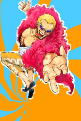 Rule 34 | 1boy, abstract background, black footwear, blonde hair, capri pants, donquixote doflamingo, feathers, fighting stance, highres, male focus, one piece, open clothes, open shirt, pants, pirate, shirt, shoes, solo, sunglasses, white-framed eyewear