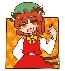Rule 34 | animal ears, blush stickers, brown eyes, brown hair, cat ears, cat tail, chen, commentary, earrings, fang, galvez, green headwear, hat, jewelry, long sleeves, mob cap, multiple tails, nekomata, open mouth, orange background, perfect cherry blossom, red nails, red skirt, red vest, shirt, short hair, single earring, skin fang, skirt, tail, touhou, two tails, vest, white shirt