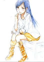 Rule 34 | 1girl, bad id, bad pixiv id, blue hair, boots, brown eyes, highres, ice2002, idolmaster, idolmaster (classic), kisaragi chihaya, long hair, sitting, sleeves rolled up, smile, solo, traditional media