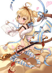 Rule 34 | 10s, 1girl, andira (granblue fantasy), animal ears, arms at sides, ass, bare shoulders, blonde hair, breasts, detached sleeves, erune, from behind, granblue fantasy, hair between eyes, highres, light smile, looking at viewer, monkey ears, monkey tail, nipples, red eyes, short hair, small breasts, soles, solo, striped clothes, striped thighhighs, tail, thighhighs, toeless legwear, toes, two side up, xuan chu