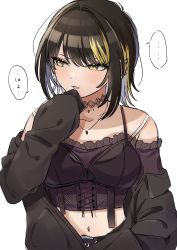Rule 34 | ..., 1girl, black hair, black jacket, blonde hair, blush, collarbone, crop top, cross-laced clothes, ear piercing, hand in pocket, hand to own mouth, highres, idolmaster, idolmaster shiny colors, ikaruga luca, jacket, looking away, multicolored hair, navel, off-shoulder shirt, off shoulder, piercing, po (moudameda17), shirt, simple background, sleeves past fingers, sleeves past wrists, solo, speech bubble, spoken ellipsis, streaked hair, translated, white background