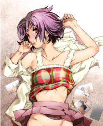 Rule 34 | 1girl, arm up, armpits, bare shoulders, blush, breasts, brown eyes, character request, clothes lift, collarbone, cuvie, dress shirt, female focus, finger to mouth, gradient background, lying, midriff, nightmare maker, no panties, on back, open mouth, photo (object), plaid, pleated skirt, purple hair, shirt, shirt lift, short hair, skirt, skirt lift, solo, tank top, undressing, white background, white shirt