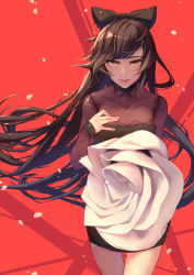 Rule 34 | 1girl, absurdres, black bow, black dress, blake belladonna, bow, brown hair, dress, floating hair, hair bow, highres, long hair, looking at viewer, parted lips, red background, rwby, see-through, short dress, solo, splish, standing, swept bangs, very long hair, yellow eyes