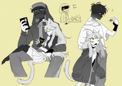 Rule 34 | 1girl, 1other, ahoge, animal ears, bell, black jacket, breasts, cat ears, cat tail, degrees of lewdity, dol amlep, fingerless gloves, glasses, gloves, highres, jacket, jingle bell, long sleeves, mask, mickey (degrees of lewdity), monster energy, mouth mask, neck bell, open clothes, open jacket, parted lips, player character (degrees of lewdity), pleated skirt, school uniform, shaded face, simple background, skirt, small breasts, tail, thighhighs, usb, yellow eyes
