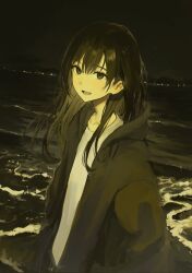 Rule 34 | 1boy, androgynous, beach, black-haired boy (iwzry), black hair, brown eyes, brown jacket, funabashi (iwzry), hair between eyes, hood, hooded jacket, jacket, long hair, looking at viewer, night, night sky, ocean, open mouth, original, outdoors, shirt, sky, smile, solo, standing, upper body, white shirt