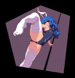 Rule 34 | 1girl, :&lt;, animal ears, bare arms, bare shoulders, black one-piece swimsuit, blue hair, blush, checkered background, closed mouth, earclip, feet, foreshortening, from below, holding, holding leg, holding pole, leg up, long hair, namako daibakuhatsu, no shoes, old school swimsuit, one-piece swimsuit, pixel art, pole, pole dancing, rabbit ears, red eyes, redrawn, school swimsuit, seiran (touhou), socks, solo, standing, standing on one leg, swimsuit, thighhighs, thighs, touhou, white socks, white thighhighs