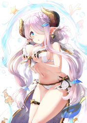 Rule 34 | 10s, 1girl, alternate costume, alternate hairstyle, bikini, blue eyes, grabbing another&#039;s breast, breasts, bug, butterfly, cleavage, demon horns, double bun, draph, grabbing, granblue fantasy, hair ornament, hair over one eye, highres, horns, insect, large breasts, leg belt, light purple hair, long hair, looking at viewer, low twintails, narmaya (granblue fantasy), narmaya (summer) (granblue fantasy), navel, open mouth, pointy ears, side-tie bikini bottom, sideboob, solo, somalisu, stomach, swimsuit, thigh strap, thighs, twintails, white bikini
