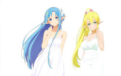 Rule 34 | 2girls, absurdres, artist request, asuna (sao-alo), blonde hair, blue eyes, blue hair, breasts, cleavage, cropped, detexted, dress, flower, hair flower, hair ornament, twirling hair, highres, inal scale, large breasts, leafa, long hair, looking at viewer, multiple girls, official art, parted lips, pointy ears, ponytail, scan, sidelocks, simple background, small breasts, smile, sundress, sword art online, third-party edit, white background, white dress