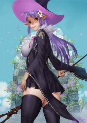 Rule 34 | 1girl, ariverkao, ass, black thighhighs, blue sky, breasts, cherry blossoms, flower, fur collar, hair flower, hair ornament, hat, holding, holding staff, large breasts, lips, long hair, looking at viewer, original, outdoors, pleated skirt, pointy ears, profile, purple hair, red eyes, skirt, sky, smile, solo, staff, standing, thighhighs, witch hat