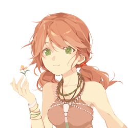 Rule 34 | 1girl, bare shoulders, bracelet, breasts, chinese commentary, closed mouth, final fantasy, final fantasy xiii, fingernails, green eyes, green pupils, hand up, highres, jewelry, long hair, medium breasts, multiple bracelets, multiple necklaces, necklace, oerba dia vanille, pink hair, simple background, smile, solo, twintails, upper body, virno, white background