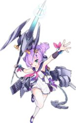 Rule 34 | 1girl, anchor, armpits, artist request, azur lane, blue eyes, bracelet, cannon, chain, crown, dress, full body, hair ornament, hairclip, holding, holding weapon, javelin, javelin (azur lane), jewelry, leg up, name connection, object namesake, official art, one eye closed, outstretched arms, purple hair, remodel (azur lane), simple background, solo, spread arms, thighhighs, torpedo tubes, transparent background, weapon, white background