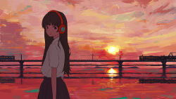 Rule 34 | 1girl, absurdres, black hair, black skirt, bridge, commentary request, headphones, highres, long hair, looking at viewer, looking to the side, ocean, oka kojiro, original, outdoors, power lines, reflection, scenery, school uniform, shirt, short sleeves, skirt, sky, solo, sunset, train, utility pole, white shirt