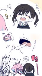 Rule 34 | 0 0, 2girls, 6 (yuchae), ahoge, biting, black hair, blue hair, closed eyes, comic, cropped torso, finger biting, finger in another&#039;s mouth, idolmaster, idolmaster cinderella girls, multicolored hair, multiple girls, open mouth, pink hair, sharp teeth, simple background, speech bubble, sunazuka akira, teeth, thought bubble, twintails, two-tone hair, upper body, white background, yawning, yumemi riamu