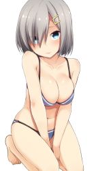 Rule 34 | 1girl, bare legs, barefoot, between legs, bikini, blue bikini, blush, breasts, cleavage, closed mouth, collarbone, hair ornament, hair over one eye, hairclip, hamakaze (kancolle), hand between legs, head tilt, kantai collection, kneeling, large breasts, looking at viewer, nagami yuu, navel, short hair, silver hair, simple background, solo, swimsuit, white background