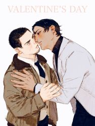 Rule 34 | 2boys, black eyes, black hair, black necktie, black pants, black sweater, brown jacket, brown vest, chengongzi123, collared shirt, constricted pupils, couple, dark-skinned male, dark skin, english text, facial hair, goatee stubble, golden kamuy, grey eyes, grey jacket, hand on another&#039;s chest, hand up, highres, imminent kiss, jacket, koito otonoshin, long sleeves, looking at another, male focus, multiple boys, necktie, pants, parted lips, shirt, short hair, simple background, stubble, sweater, tsukishima hajime, turtleneck, turtleneck sweater, upper body, valentine, very short hair, vest, white background, white shirt, yaoi