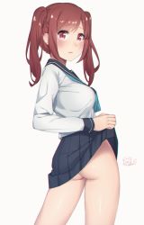Rule 34 | 1girl, artist name, ass, blush, breasts, chromatic aberration, clothes lift, contrapposto, cowboy shot, from behind, frown, highres, lifted by self, lips, looking at viewer, looking back, neckerchief, no panties, original, pleated skirt, red eyes, red hair, reverie soda, sailor collar, school uniform, serafuku, shiny skin, sidelocks, signature, simple background, skirt, skirt lift, solo, standing, twintails, twisted torso