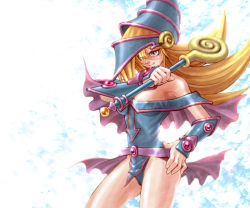 Rule 34 | 1girl, bare shoulders, blonde hair, blue eyes, breasts, choker, curvy, dark magician girl, duel monster, female focus, hat, hisigata, leotard, magical girl, skirt, solo, wand, witch hat, wizard hat, yu-gi-oh!, yuu-gi-ou, yu-gi-oh! duel monsters