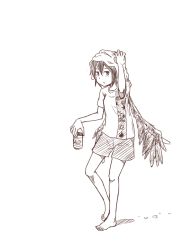 Rule 34 | 1girl, barefoot, beer can, can, drink can, full body, kawashina (momen silicon), looking at viewer, monochrome, shameimaru aya, short hair, shorts, simple background, solo, touhou, towel, towel on head, white background, wings