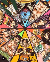 Rule 34 | 2girls, 6+boys, abs, artist request, black hair, blonde hair, blue hair, blue skin, breasts, brook (one piece), cigarette, colored skin, crossed arms, cyborg, earrings, everyone, eyewear on head, facial hair, fish boy, franky (one piece), gills, green hair, grin, hair over one eye, hat, highres, jewelry, jinbe (one piece), large breasts, long hair, monkey d. luffy, monster boy, multiple boys, multiple girls, nami (one piece), nico robin, oda eiichirou (style), official style, one-eyed, one piece, pectorals, pirate, roronoa zoro, sanji (one piece), scar, short hair, simple background, skeleton, smile, smoking, straw hat, sunglasses, tattoo, teamwork, tony tony chopper, usopp
