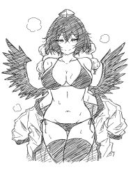 Rule 34 | 1girl, bikini, breasts, cleavage, closed mouth, fumomono, greyscale, groin, hat, highres, large breasts, looking at viewer, monochrome, navel, shameimaru aya, simple background, smile, solo, sweat, swimsuit, thighhighs, tokin hat, touhou, wings