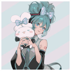 Rule 34 | 1girl, animal, blue bow, blue eyes, blue hair, blue necktie, border, bow, cinnamiku, cinnamoroll, closed mouth, collared shirt, detached sleeves, eyokiki, grey shirt, hair between eyes, hair bow, hair up, hatsune miku, holding, holding animal, long hair, long sleeves, looking at viewer, necktie, official alternate hairstyle, sanrio, shirt, simple background, single bare shoulder, smile, vocaloid, white border, wide sleeves