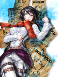 Rule 34 | 1girl, belt, black hair, box (hotpppink), eren yeager, mikasa ackerman, ripples, scarf, shingeki no kyojin, solo, suspenders, thigh strap, wanted poster, water
