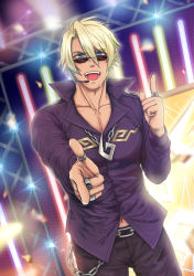 Rule 34 | 1boy, :d, ace attorney, apollo justice: ace attorney, belt, bishounen, black pants, blonde hair, blue eyes, chain, collarbone, glasses, headset, highres, index finger raised, indoors, jewelry, klavier gavin, long sleeves, looking at viewer, male focus, navel, necklace, open mouth, pants, ring, shsh8860, smile, solo, stage lights, sunglasses, tan