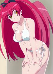 Rule 34 | 1girl, bikini, breasts, cleavage, highres, long hair, masou gakuen hxh, mirror, panties, red hair, scarlett fairchild, smile, solo, standing, stitched, swimsuit, third-party edit, underwear, very long hair, yellow eyes