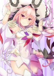 Rule 34 | 1boy, armpits, astolfo (fate), blush, braid, cape, cosplay, dress, fang, fate/apocrypha, fate/grand order, fate (series), flower, gloves, hair intakes, hair ribbon, hat, long hair, looking at viewer, male focus, marie antoinette (fate), marie antoinette (fate) (cosplay), marie antoinette (third ascension) (fate), open mouth, p answer, pink hair, purple eyes, ribbon, single braid, sleeveless, smile, solo, thighhighs, trap, twintails