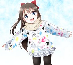 Rule 34 | 1girl, aqua eyes, artist name, artist request, black legwear, blue eyes, blush, bow, breasts, brown hair, brown scarf, clothes writing, drawstring, female focus, hair between eyes, half updo, high ponytail, jacket, long hair, long sleeves, looking at viewer, love live!, love live! nijigasaki high school idol club, love live! school idol festival, miniskirt, osaka shizuku, outstretched arms, paint on clothes, parted lips, ponytail, red bow, scarf, skirt, small breasts, smile, solo, white jacket, white skirt