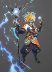 Rule 34 | 1boy, absurdres, blonde hair, commentary, electricity, english commentary, fantasy, floating hair, from below, gauge, gloves, goggles, grey background, highres, holding, holding staff, looking down, male focus, orange eyes, original, purple gloves, smile, solo, staff, wire, wizard, y frt