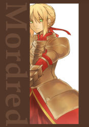 Rule 34 | 1girl, a-tsuki, abeabe0040, armor, armored dress, bad id, bad pixiv id, blonde hair, character name, dress, fate/stay night, fate (series), full armor, gauntlets, hair bun, hair ribbon, mordred (fate), mordred (fate/apocrypha), mordred (mythology), ribbon, single hair bun, solo