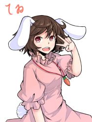 Rule 34 | 1girl, animal ears, brown hair, character name, inaba tewi, ishimu, jewelry, pendant, rabbit ears, rabbit girl, rabbit tail, red eyes, short hair, solo, tail, touhou, v over eye, white background