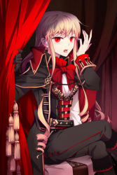 Rule 34 | 1girl, belt, blonde hair, blood, boots, cinia pacifica, coat, curtain grab, curtains, dress shirt, drill hair, gloves, long hair, lowres, pants, red eyes, shirt, sitting, solo, striped, sword girls, tongue, vampire