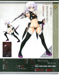 Rule 34 | 1girl, absurdres, black gloves, dagger, fate/apocrypha, fate/grand order, fate (series), fingerless gloves, front-seamed legwear, gloves, highres, jack the ripper (fate/apocrypha), knife, konoe ototsugu, midriff, navel, official art, scar, seamed legwear, short hair, text focus, thighhighs, translation request, weapon, white hair, yellow eyes