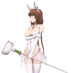 Rule 34 | 1girl, bad id, bad pixiv id, blush, breasts, brown hair, cleavage, collarbone, elbow gloves, fake horns, gloves, green eyes, hairband, highres, horns, large breasts, long hair, original, see-through, shirajira, skirt, solo, staff, thighhighs, very long hair, wavy mouth, white gloves, white thighhighs