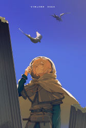 Rule 34 | 1boy, absurdres, belt, bird, blonde hair, brown capelet, capelet, cloak, copyright name, dagger, day, highres, hood, hooded cloak, knife, long sleeves, looking up, male focus, outdoors, seagull, sheath, sheathed, solo, standing, thorfinn, vinland saga, weapon, zwei (chugokujin)