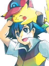 1boy ash_ketchum blue_eyes blue_hair child closed_eyes copyright_name creatures_(company) fingerless_gloves game_freak gen_1_pokemon gloves hat nintendo pikachu pokemon pokemon_(anime) pokemon_(creature) popped_collar simple_background smile tegaki vest white_background