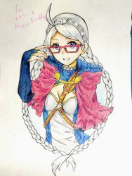 Rule 34 | 1girl, adjusting eyewear, ahoge, black bridal gauntlets, blue eyes, braid, breasts, bridal gauntlets, capelet, chest harness, choker, cleavage, fire emblem, glasses, harness, highres, hood, hood down, hooded capelet, leather strap, long hair, looking at viewer, low twintails, nina (fire emblem), nintendo, o-ring, parted bangs, red capelet, red eyewear, red hood, teitokunanodesu, traditional media, turtleneck, twin braids, twintails, two-tone shirt