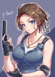 Rule 34 | 1girl, absurdres, artist name, bare shoulders, blue eyes, blue tank top, blush, breasts, brown hair, fingerless gloves, gloves, gun, half-closed eyes, handgun, highres, holding, holding gun, holding weapon, jewelry, jill valentine, large breasts, looking at viewer, necklace, pistol, potato tacos, resident evil, resident evil 3, resident evil 3: nemesis, resident evil 3 (remake), short hair, solo, tank top, upper body, weapon