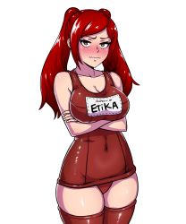 Rule 34 | 1girl, akairiot, alternate hair color, blush, breasts, brown eyes, cleavage, covered navel, crossed arms, embarrassed, fire emblem, fire emblem awakening, large breasts, long hair, looking at viewer, name tag, nintendo, one-piece swimsuit, red hair, red one-piece swimsuit, red thighhighs, robin (female) (fire emblem), robin (fire emblem), school swimsuit, solo, super smash bros., swimsuit, thighhighs, transparent background, twintails, wavy mouth
