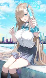Rule 34 | 1girl, asuna (blue archive), black choker, black skirt, blue archive, blue eyes, bow, bowtie, breasts, brown hair, choker, cityscape, collared shirt, day, dress shirt, food, hair over one eye, halo, highres, holding, kneehighs, large breasts, long hair, looking at viewer, miniskirt, open mouth, outdoors, pleated skirt, popsicle, runa (user guwn7382), shirt, shirt tucked in, short sleeves, sitting, skirt, smile, socks, solo, thighs, very long hair, white shirt