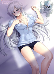 Rule 34 | 1girl, absurdres, artist name, bed, blue eyes, blush, breasts, cleavage, collarbone, highres, long hair, looking at viewer, lying, medium breasts, nightgown, on back, open mouth, rwby, scar, shorts, solo, stuffed animal, stuffed toy, teddy bear, vilde loh hocen, watermark, web address, weiss schnee, white hair