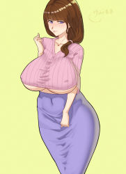 Rule 34 | 1girl, 47 hard, arm at side, blush, breasts, brown hair, closed mouth, covered erect nipples, covered navel, feet out of frame, female focus, hair over shoulder, hand up, high-waist skirt, highres, huge breasts, legs, long hair, long skirt, looking at viewer, low-tied long hair, original, purple eyes, simple background, skirt, smile, solo, standing, thighs, underboob, yellow background