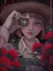 Rule 34 | 1girl, apron, brown hair, brown hat, buttons, closed mouth, collared shirt, covering one eye, emma woods, flower, freckles, gloves, green apron, green eyes, hand up, hat, highres, holding button, identity v, lips, plant, realistic, red flower, red lips, samerayu, shirt, short hair, smile, solo, straw hat, upper body, white gloves, white shirt, wing collar