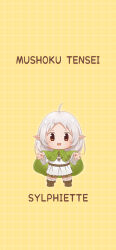 Rule 34 | 1girl, aria 404, brown footwear, capelet, character name, chibi, copyright name, dress, elf, full body, green capelet, highres, looking at viewer, medium hair, mushoku tensei, orange eyes, outstretched arms, pointy ears, solo, standing, sylphiette (mushoku tensei), white dress, white hair
