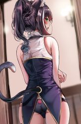 Rule 34 | 1girl, animal ear fluff, animal ears, ass, bare arms, bare shoulders, black hair, black panties, blurry, blurry background, blush, cat ears, cat girl, cat tail, fang, from behind, green eyes, highres, indoors, karyl (princess connect!), long hair, looking back, multicolored hair, no detached sleeves, no pants, open mouth, panties, ponytail, princess connect!, sak (lemondisk), shirt, short ponytail, sleeveless, sleeveless shirt, solo, streaked hair, tail, underwear, white hair, white shirt