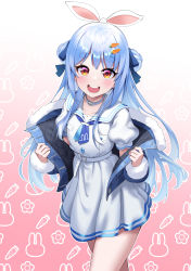 Rule 34 | 1girl, :d, absurdres, belt, blue eyes, blue jacket, blue neckerchief, blue ribbon, blush, carrot hair ornament, choker, commentary request, cowboy shot, dress, food-themed hair ornament, hair ornament, hair ribbon, highres, hololive, jacket, long hair, long sleeves, looking at viewer, neckerchief, off shoulder, open clothes, open jacket, open mouth, puffy short sleeves, puffy sleeves, red eyes, ribbon, round teeth, sailor collar, short eyebrows, short sleeves, smile, solo, standing, teeth, thick eyebrows, upper teeth only, usada pekora, usada pekora (casual), very long hair, virtual youtuber, white belt, white choker, white dress, white sailor collar, ybee